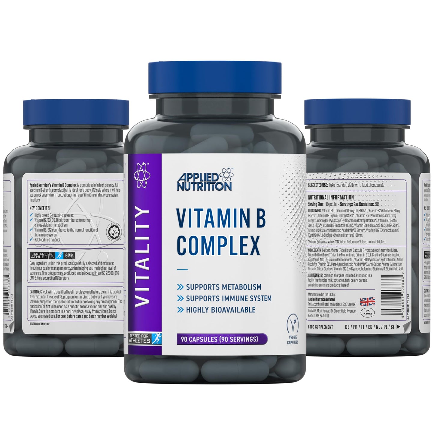 Applied Nutrition Vitamin B Complex High Strength, 90 Vegan Capsules, B1, B2, B3 Niacin, B5, B6, B7 Biotin, B9 Folic Acid, B12, with Choline, Inositol, PABA, Energy and Immune Support, Halal, UK Made