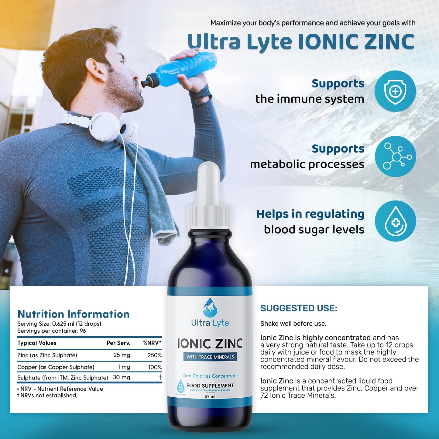 Ultra Lyte Ionic Zinc with Trace Minerals – 59ml Zinc Concentrate Food Supplement – Pure Non-GMO Vegan Friendly Formula – Supports Cognitive Performance, Muscle Growth, Immune System – Zero Calories