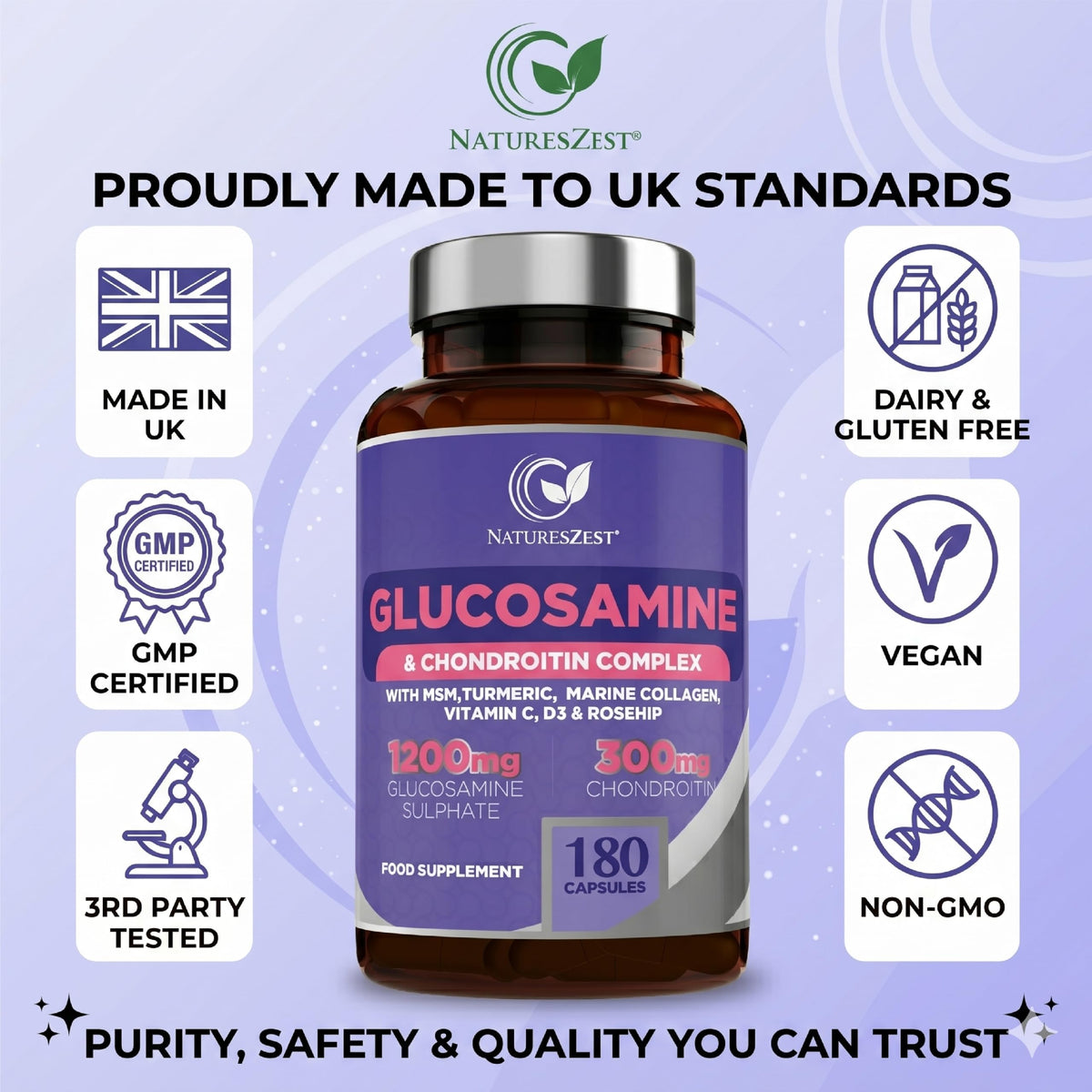Natures Zest Glucosamine and Chondroitin High Strength -180 Caps- Joint Care Supplement for Men & Women | MSM Supplements with Vitamin C, Rosehip, Turmeric Curcumin & Marine Collagen - 4 Month Supply