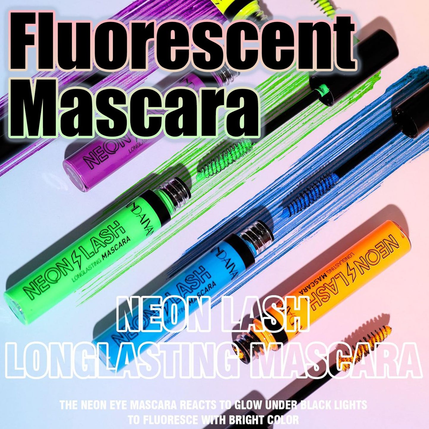 UV Glow Orange Mascara, Rainbow Color Fluorescence, Neon Colorful Mascara Waterproof, Extensions Eyelashes Curling Lengthening Eye Lashes Halloween Festival Party Stage Use (Orange)