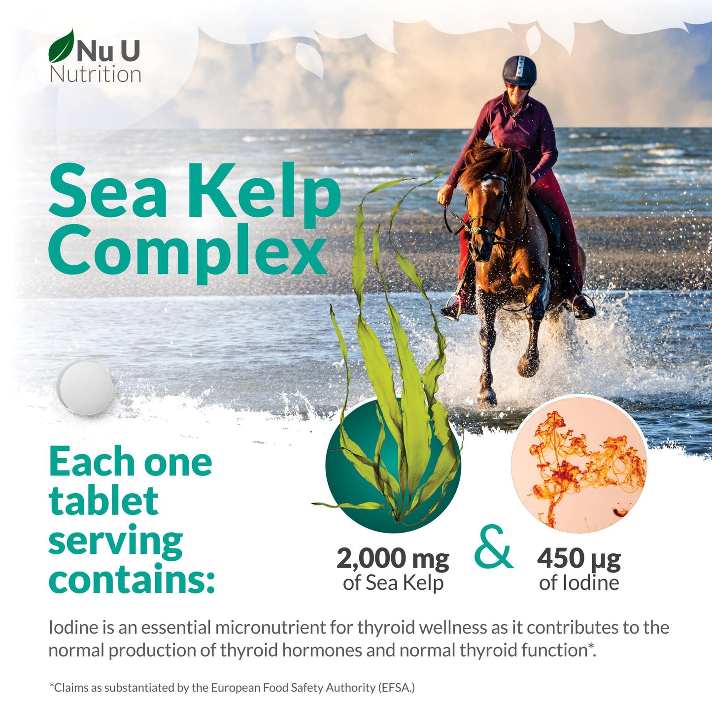 Sea Kelp Iodine Supplement Complex - 365 Vegan Tablets - 435mcg of Iodine per Tablet - 1 Year Supply - Wild Harvested Seaweed - GMO Free - Made in The UK - Nu U Nutrition