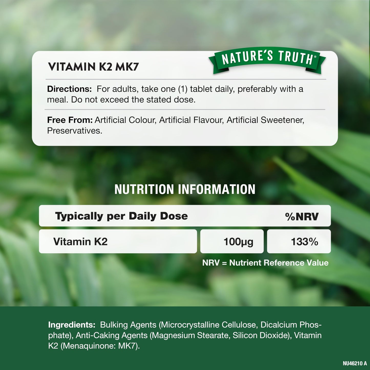 Vitamin K2 MK-7 100ug | High Strength Menaquinone MK-7 | 1-A-Day | 60 Vegan Tablets | Nature's Truth