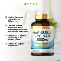 Magnesium Glycinate Supplements | 2000mg High Strength Magnesium Bisglycinate | 150 Vegan Tablets | by Carlyle