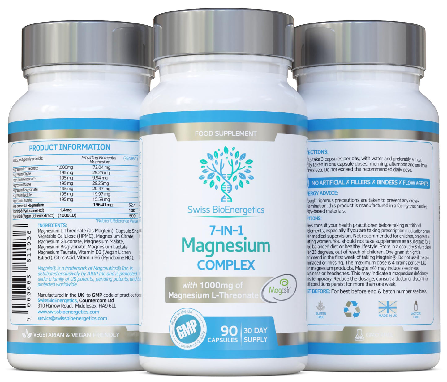 swiss bioenergetics Magnesium L-Threonate Complex 7-in-1 with 1000mg of Magtein Plus Magnesium as Bisglycinate, Taurate, Citrate, Gluconate, Malate & Lactate - Supports Sleep - Vegan, UK Made and No Artificial Nasties