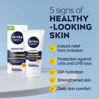 NIVEA MEN Sensitive Face Moisturiser SPF15 (75ml), 0% Alcohol Moisturiser Relieves 5 Signs of Skin Irritation and Protects Skin Against UVA/UVB Rays, Non-Greasy Formula