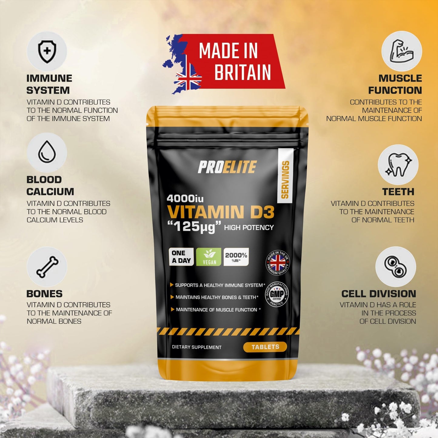 Vitamin D3 4000 iu 180 Vegan Tablets - 6 Months Supply | High Strength Vitamin D Supplement for Immune System, Bone & Muscle Support | Made in UK & Gluten Free by PROELITE