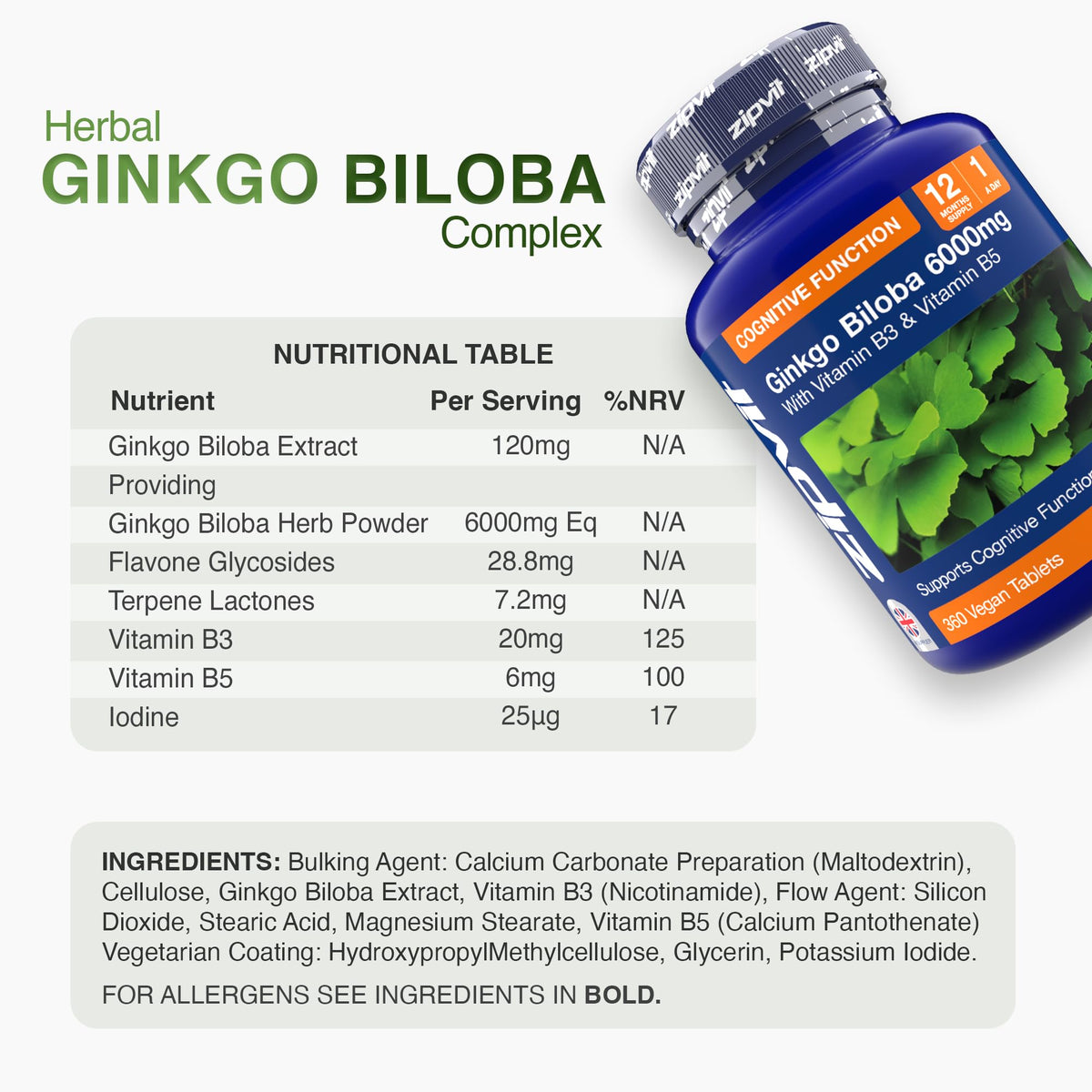Zipvit Ginkgo Biloba 6000mg with Vitamins B3 & B5, 360 Vegan Tablets, Supports Memory, Focus, Brain Health & Cognitive Wellness, Standardised 50:1 Leaf Extract, 12 Months Supply.