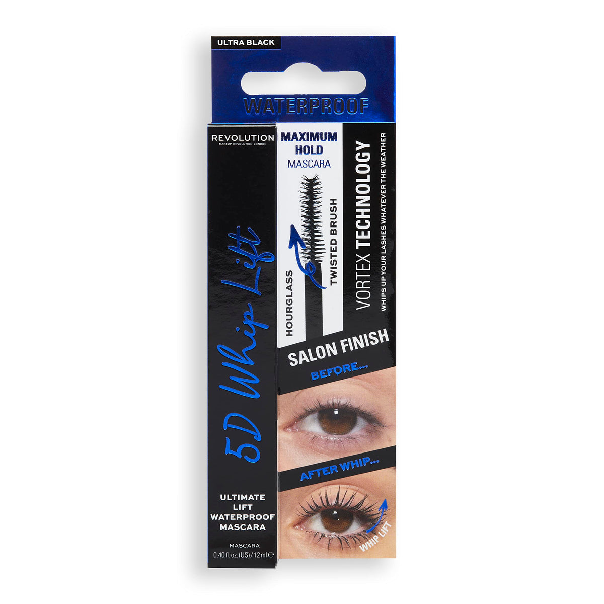 Makeup Revolution 5D Whip Lift Waterproof Mascara, Maximum Lift, Length & Volume, Long-Lasting, Smudge Resistant, Black, 12 ml