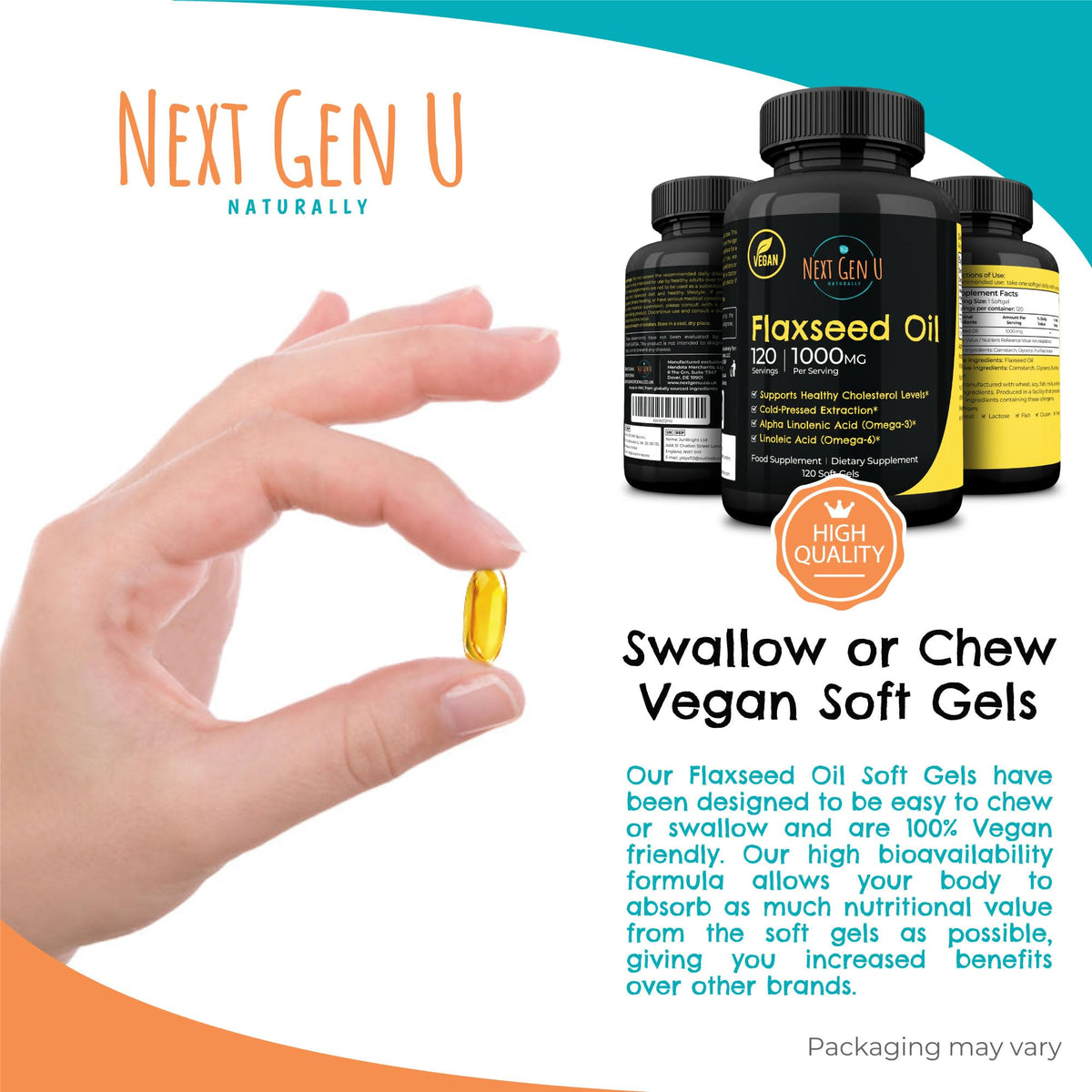 NGU Next Gen U Flaxseed Oil Capsules - 1000 mg - 120 Vegan Soft Gels - High in Omega 3, 6, 9 - Cold Pressed Flax Seed Formula - 4 Months Supply - by NextGenU