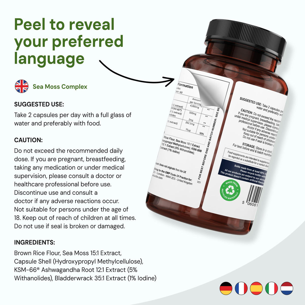 NEW LEAF PRODUCTS Sea Moss Complex - Pure Irish Sea Moss Capsules with Bladderwrack & KSM Ashwagandha - High Strength Seamoss Capsule - 120 Fill Vegan Irish Seamoss Capsules Made in The UK By New Leaf