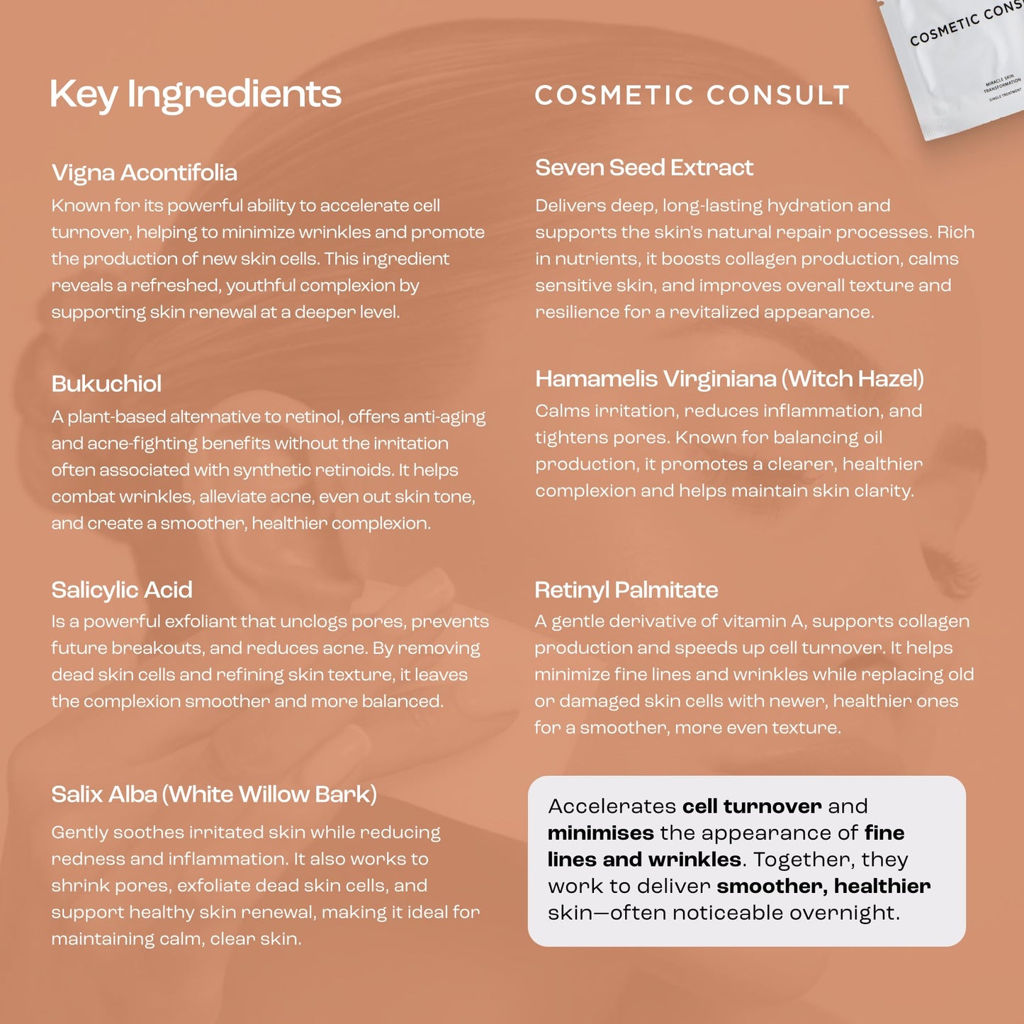 Cosmetic Consult Miracle Skin Transformation By Ashley Stobart | Rejuvenates & Refreshes Skin Overnight, Smooths Wrinkles & Acne, Boosts Collagen, Anti-Ageing Skin Cleanser | 4 x Skincare Sachets