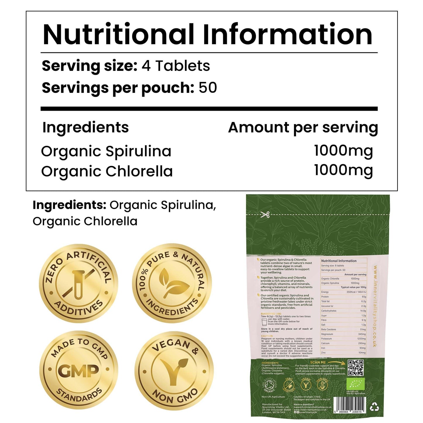 Organic Spirulina & Chlorella 400 Easy to Swallow Tablets - Natural Vitamins & Minerals - Broken Cell Wall, Pure 2000mg Daily Dose Supplement by Inner Vitality
