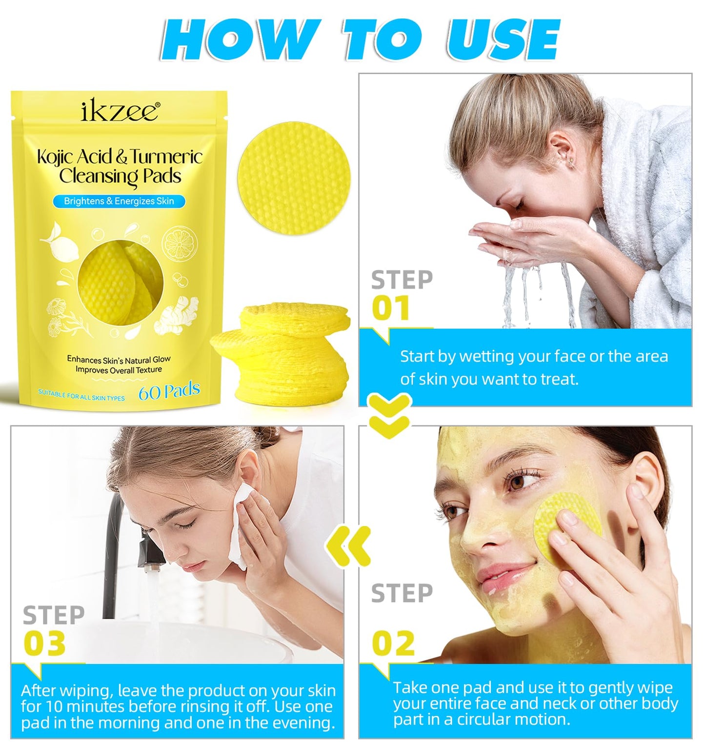 Tioueo Kojic Acid and Turmeric Cleansing Pads - 60pcs Brightening and Exfoliating Pads for Smooth, Radiant Skin