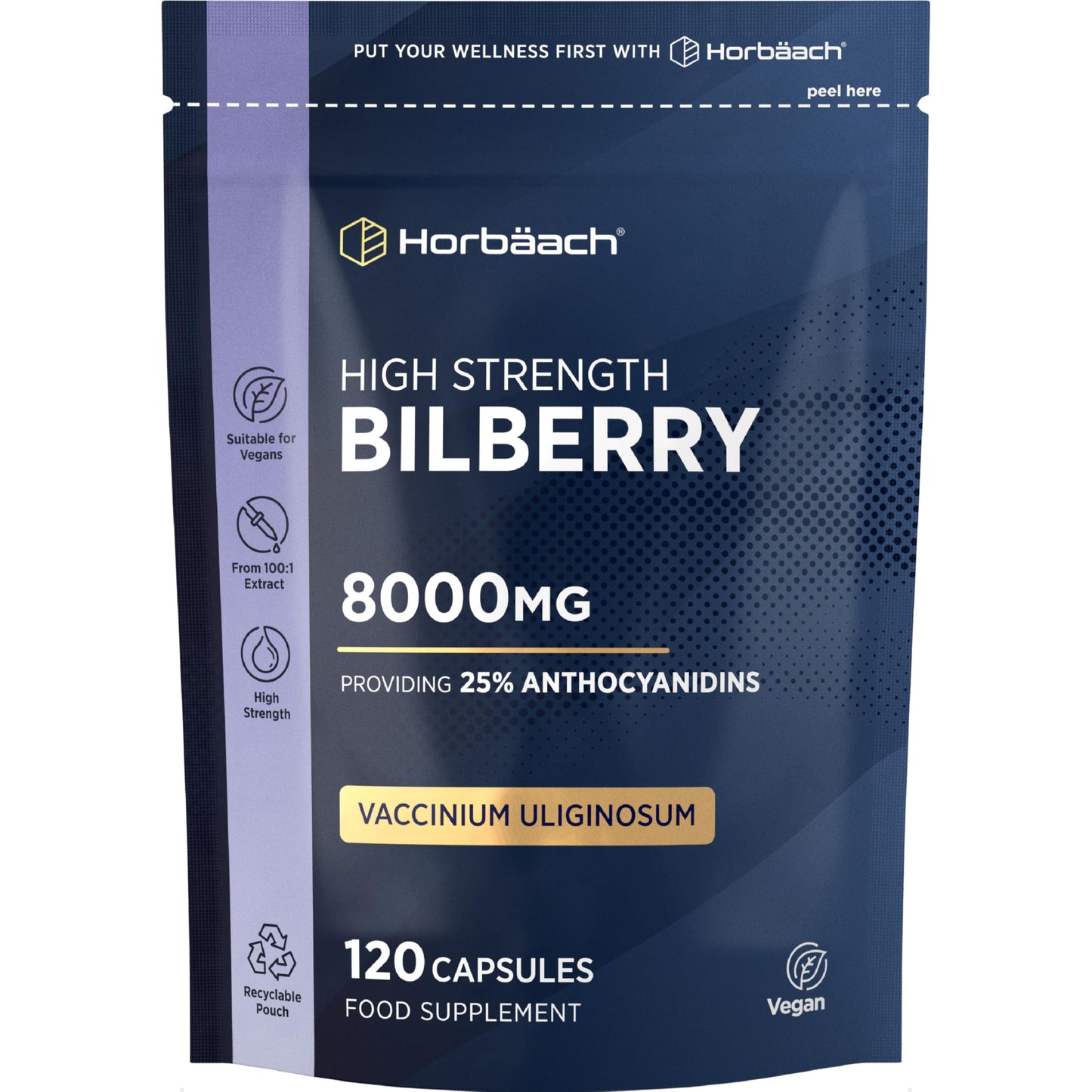 Horbäach Bilberry Extract 8,000mg | High Strength 25% Anthocyanidins | 120 Vegan Capsules | Vaccinium Uliginosum | Resealable & Recyclable Pouch | Horbaach
