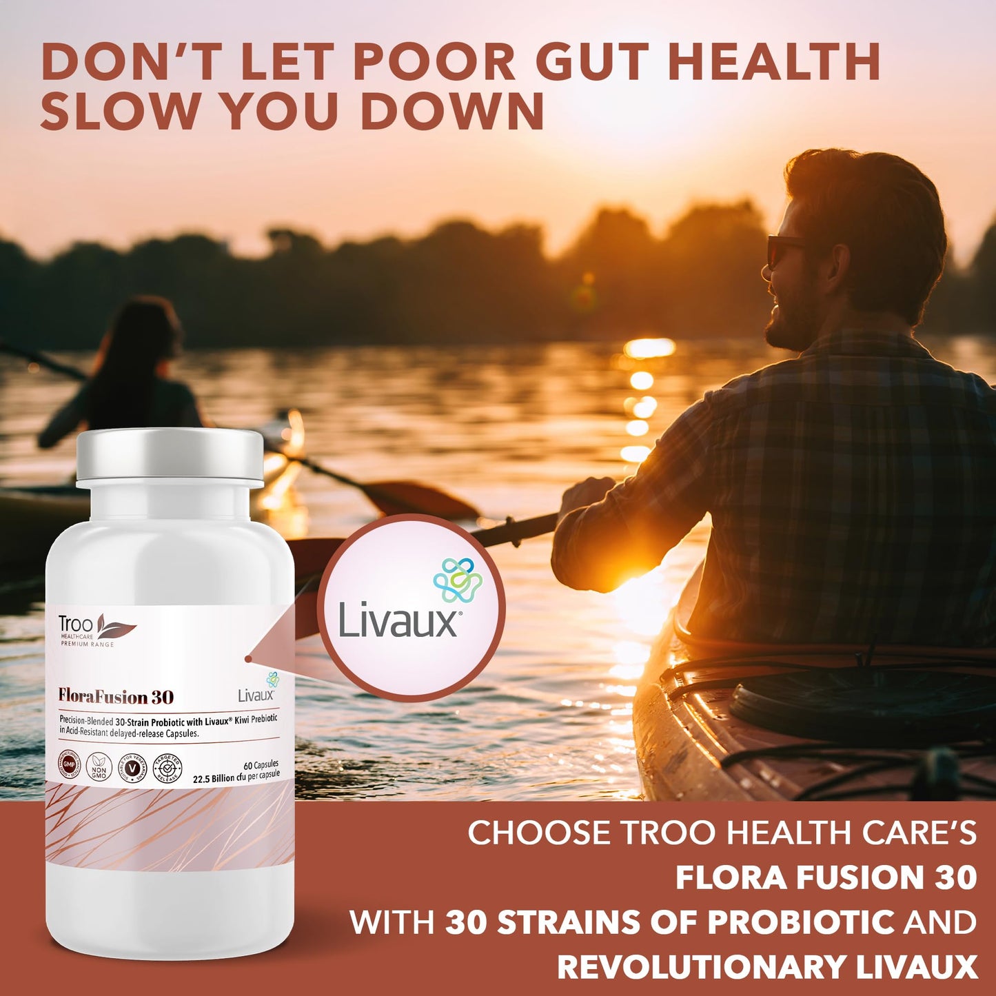 FloraFusion 30 Elite Advanced Probiotic and Livaux Prebiotic Active Cultures Supplement - 60 Capsules - 30 probiotics Strains (22.5 Billion CFU)