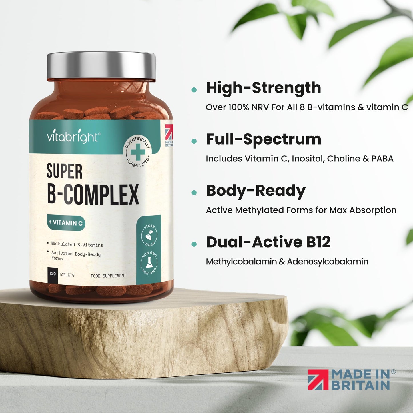VitaBright Vitamin B Complex High Strength Methylated B Vitamins | B6 Vitamins with Folate & B12 Supplements | Complete Complex with 12 Active Nutrients | Not Liquid Drops Or Spray | Vitabright