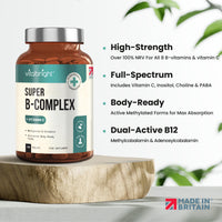 VitaBright Vitamin B Complex High Strength Methylated B Vitamins | B6 Vitamins with Folate & B12 Supplements | Complete Complex with 12 Active Nutrients | Not Liquid Drops Or Spray | Vitabright