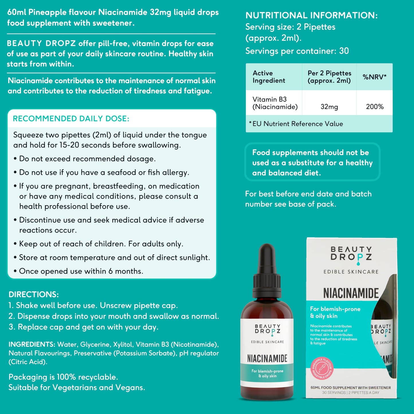 Beauty Dropz Niacinamide Oral Skin Care Drops – Vitamin B3 / Edible Serum for Blemish-Prone Skin – Dark Spot Corrector – Vegan Skincare – Pore Minimising – Pineapple Flavour – 60ml