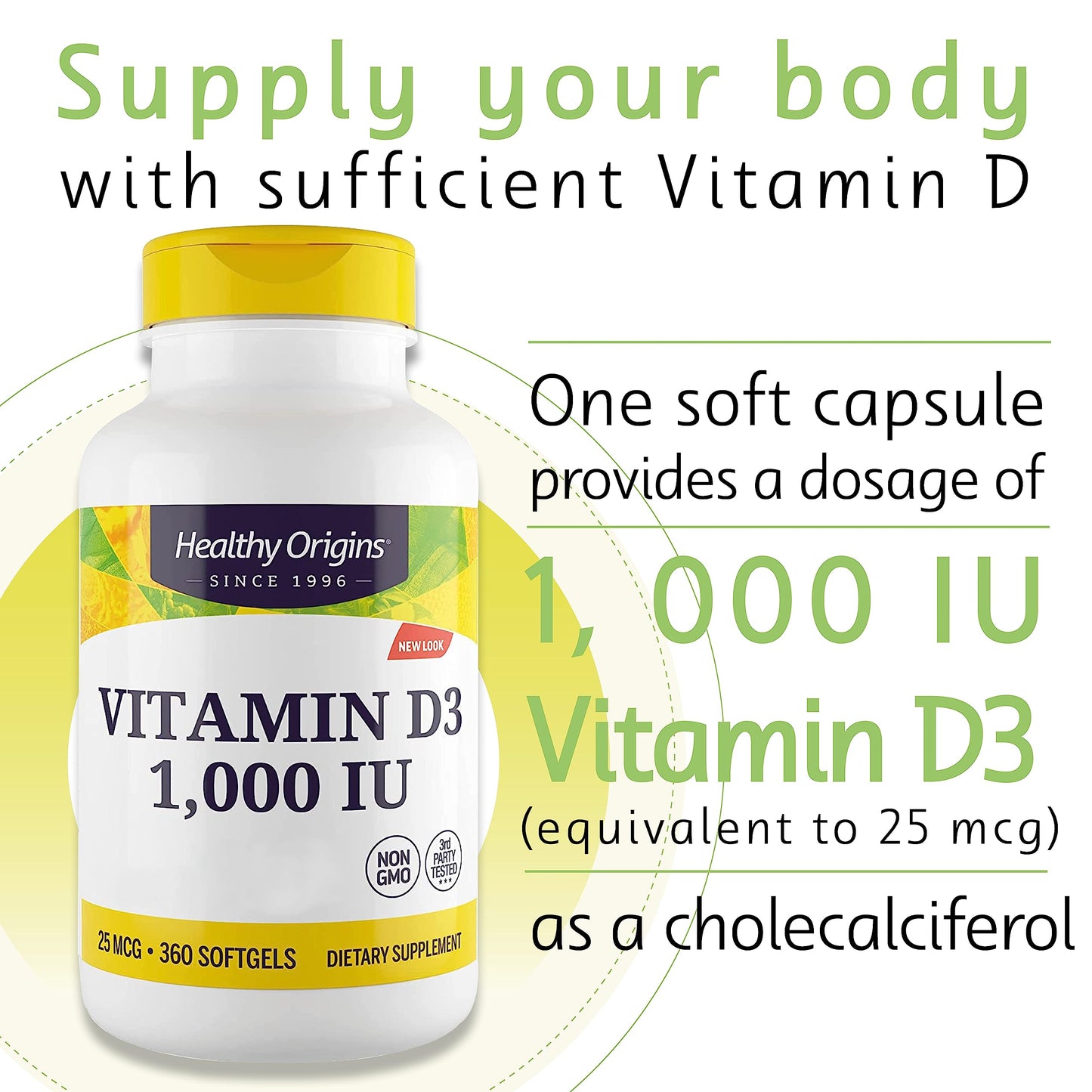 Healthy Origins, Vitamin D3, 1,000 IU, 360 Softgels, Gluten Free, Soy Free, Non-GMO
