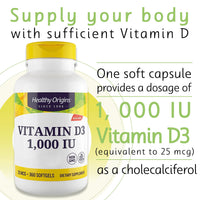 Healthy Origins, Vitamin D3, 1,000 IU, 360 Softgels, Gluten Free, Soy Free, Non-GMO