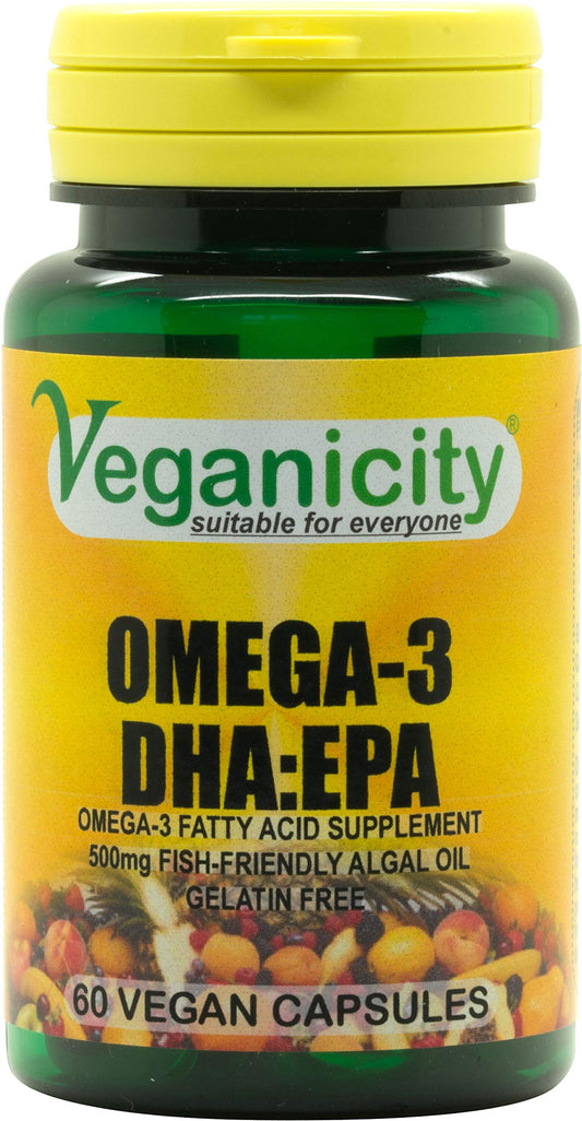 Veganicity Omega-3 DHA: EPA : Algal Oil Omega-3 Fatty Acid : 60 Vcaps, in a Planet-Friendly 99% Recycled Pot