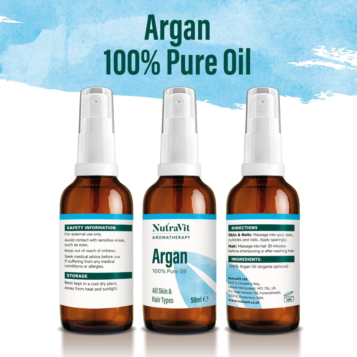 NutraVit - Moroccan Argan Oil | 100% Pure Argan Oil (Argania spinosa) - 50ml - Argan Oil for Hair, Skin, Face & Nails - from Morocco - Virgin, Cold Pressed, Deodorised, Hexane-Free & Vegan