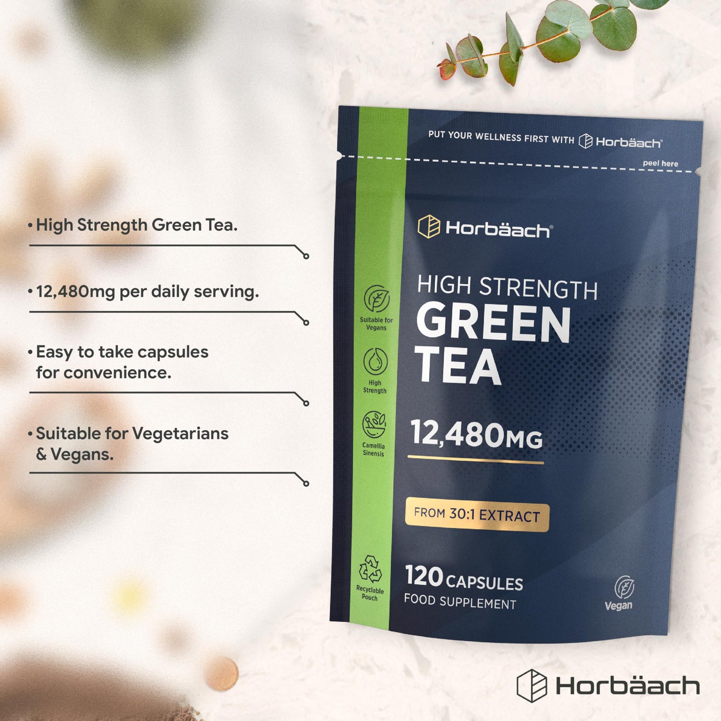 Horbäach Green Tea Capsules 12,480mg | High Strength Green Tea Extract | Contains Polyphenols | 120 Powder Capsules | Vegan | by Horbaach