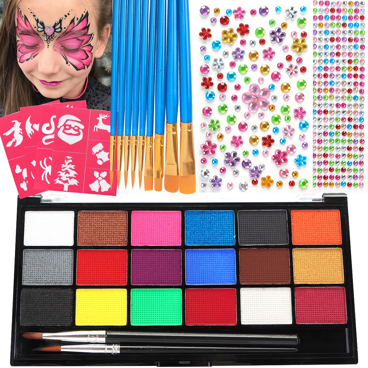 Zefphxs Face Painting Kit, 18 Colors Face Body Paint with 12 Pcs Paint Brushes 30 Stencils and 2 Gem Stickers, Safe & Non-Toxic Washable Face Paints for Children Adults Halloween Christmas Party
