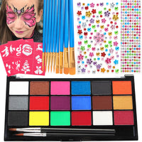 Zefphxs Face Painting Kit, 18 Colors Face Body Paint with 12 Pcs Paint Brushes 30 Stencils and 2 Gem Stickers, Safe & Non-Toxic Washable Face Paints for Children Adults Halloween Christmas Party