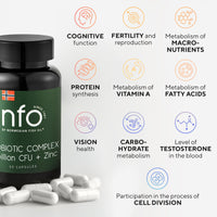 NFO Probiotic Complex 5 billion CFU + Zinc [60 Capsules] Natural High-Dose Complex of Probiotics with Zinc for the Immune System, Skin, Hair, Nails, Teeth, Bones, Made in Finland