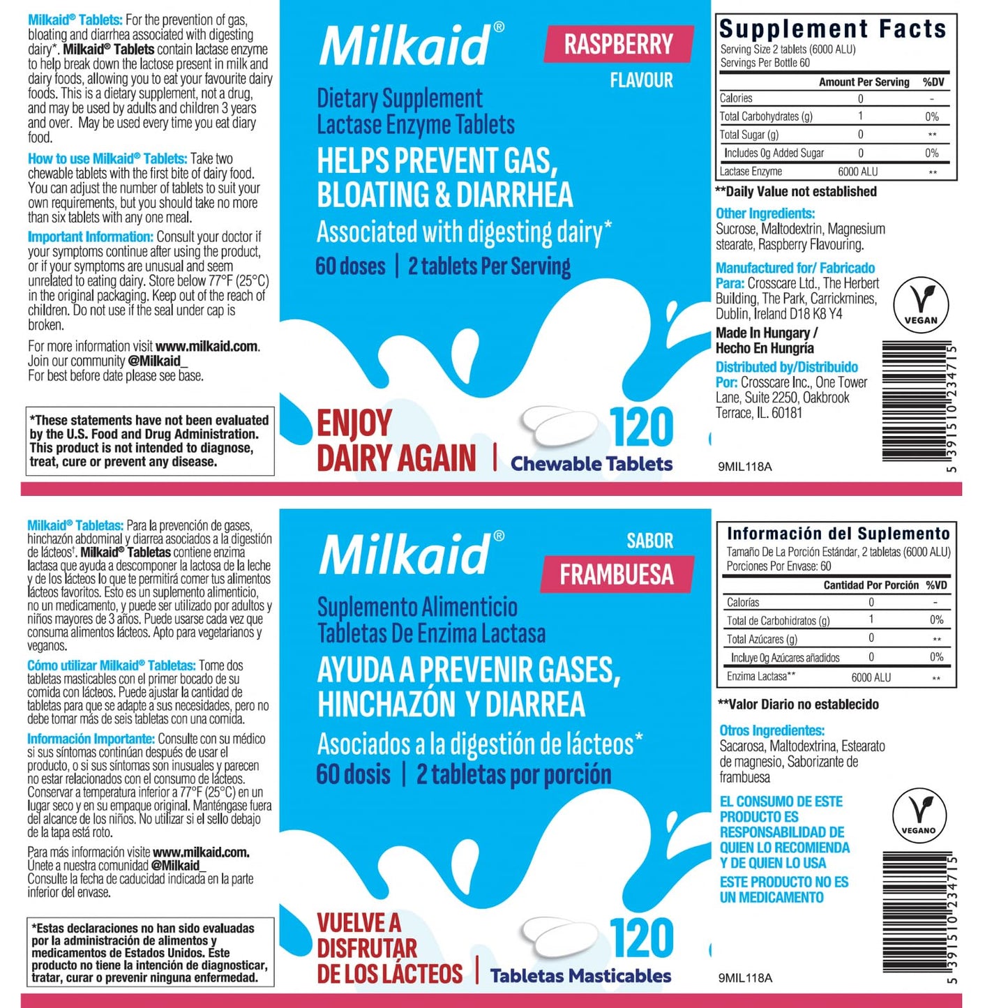 Milkaid Lactase Enzyme Chewable Tablets for Lactose Intolerance Relief, Prevents Gas, Bloating & Diarrhoea, Gluten Free & Vegan, Rasberry, 120 Count
