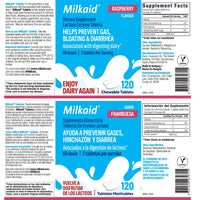 Milkaid Lactase Enzyme Chewable Tablets for Lactose Intolerance Relief, Prevents Gas, Bloating & Diarrhoea, Gluten Free & Vegan, Rasberry, 120 Count