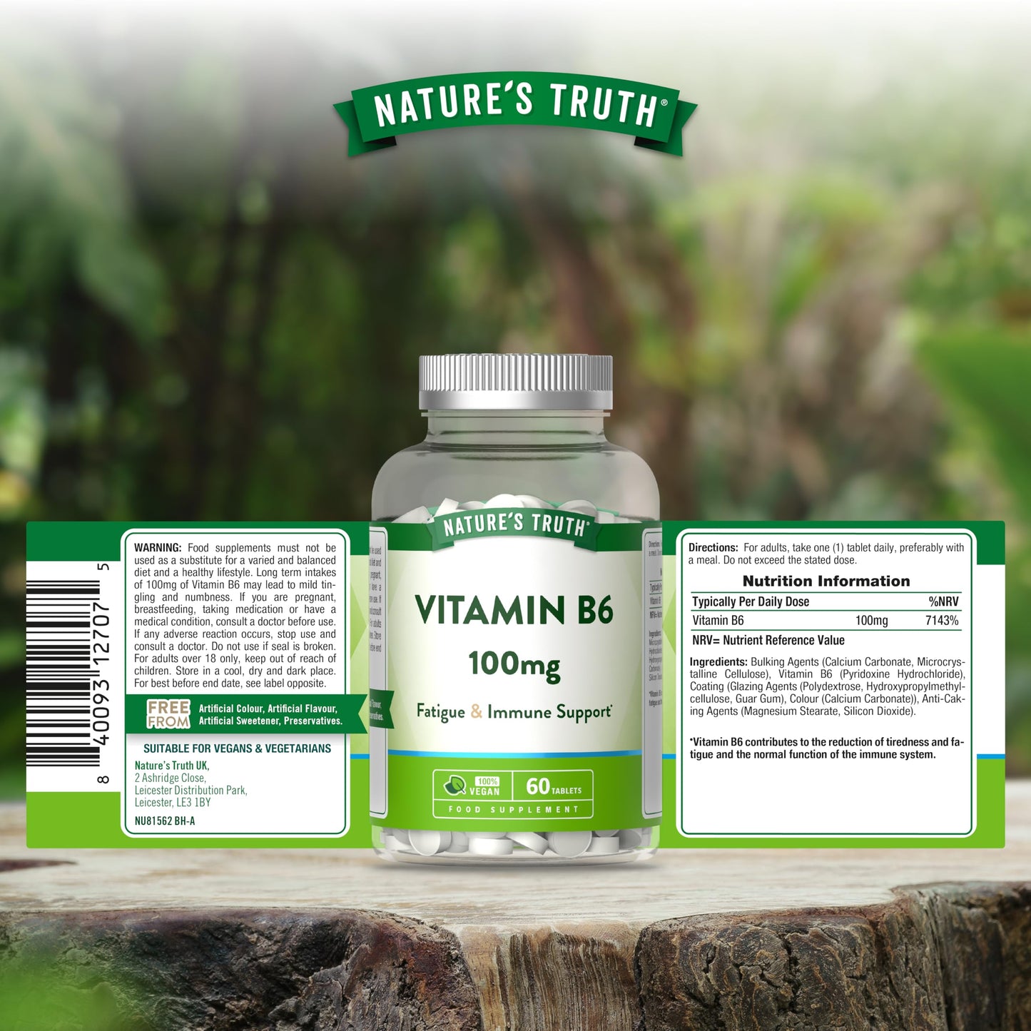Nature's Truth Vitamin B6 100mg - 60 Vegan Tablets - for Fatigue & Immune Support