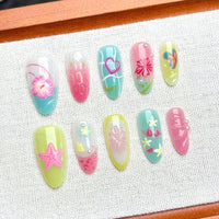 Muorruo 30 Pieces Summer Press-on Nails, medium size, almond shape, artificial nails with 3D floral starfish design, summer beach art nails, pearl glued nail, acrylic