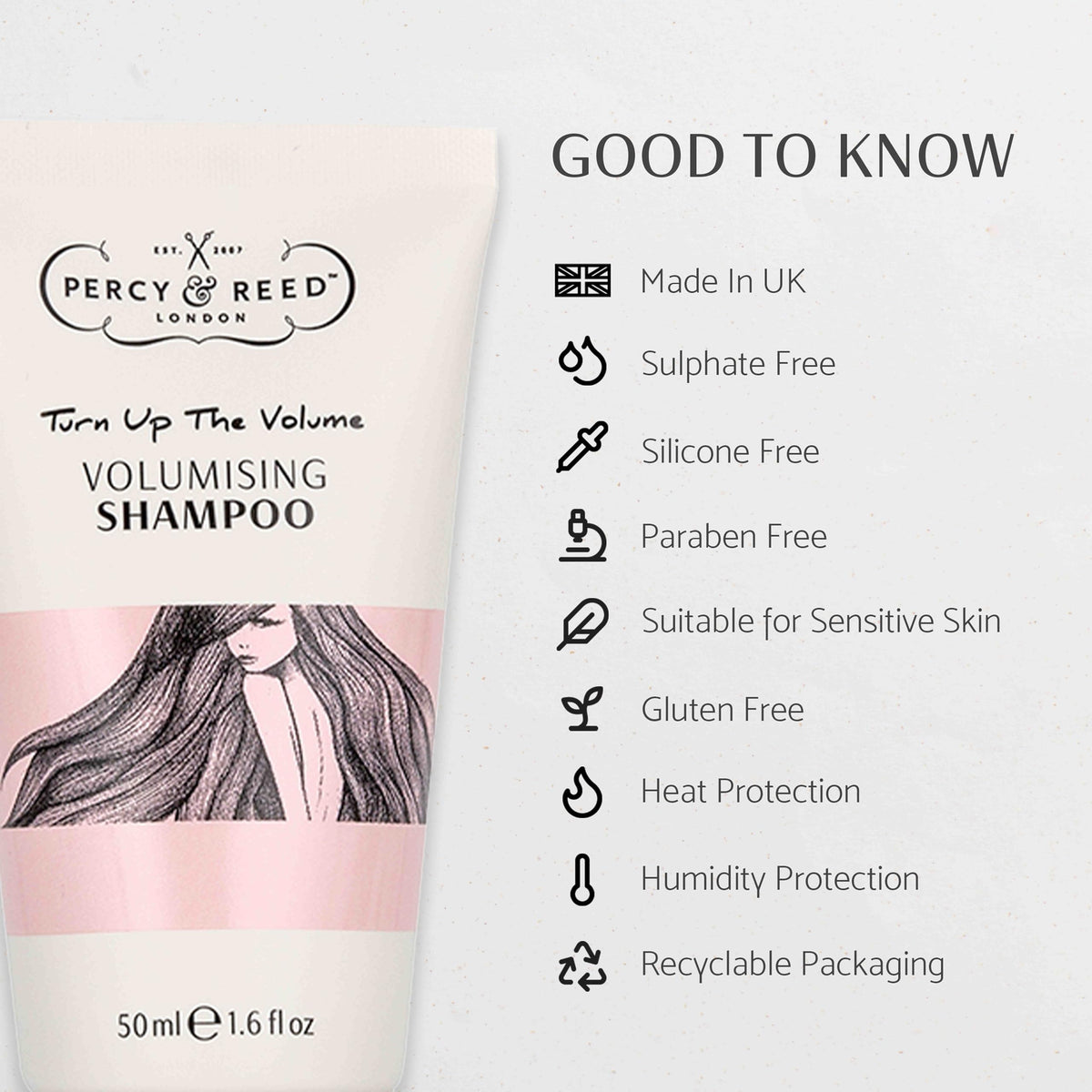 Percy & Reed Volumising Shampoo 50ml, Hair Thickening Shampoo for Fine Hair, Weightless Cleanse, Helps Strengthen, Heat Humidity Pollution Protection, Turn Up The Volume Collection