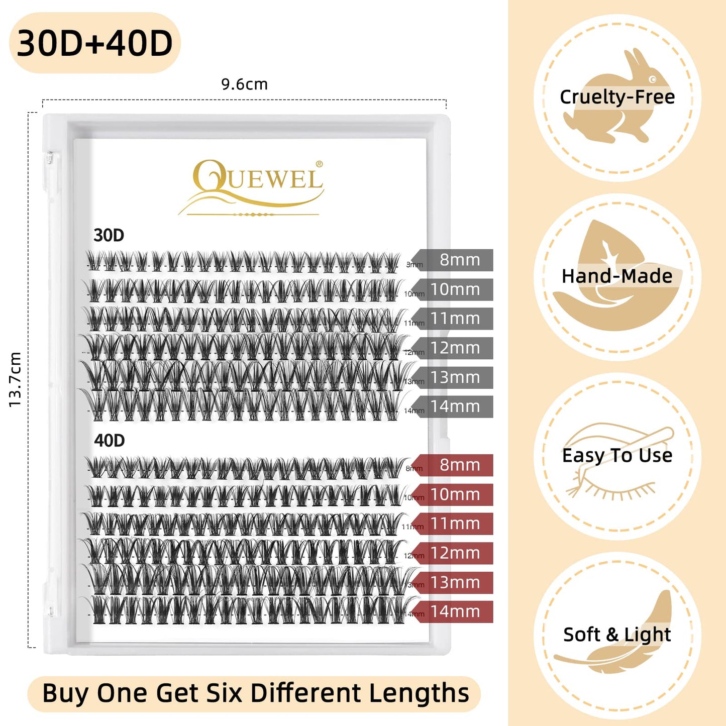 QUEWEL Cluster Lashes 240Pcs - Individual & Cluster Lashes 0.07C Curl 30D+40D Mix8-14mm for Natural Look DIY Eyelash Extensions