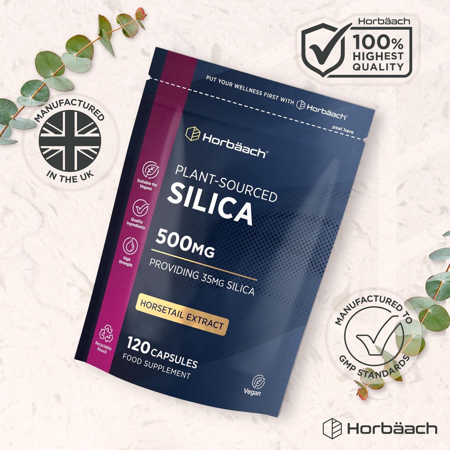 Horbäach Silica Supplement 500mg | High Strength Silica from Horsetail Extract | 120 Powder Capsules | Vegan | 4 Month Supply | by Horbaach