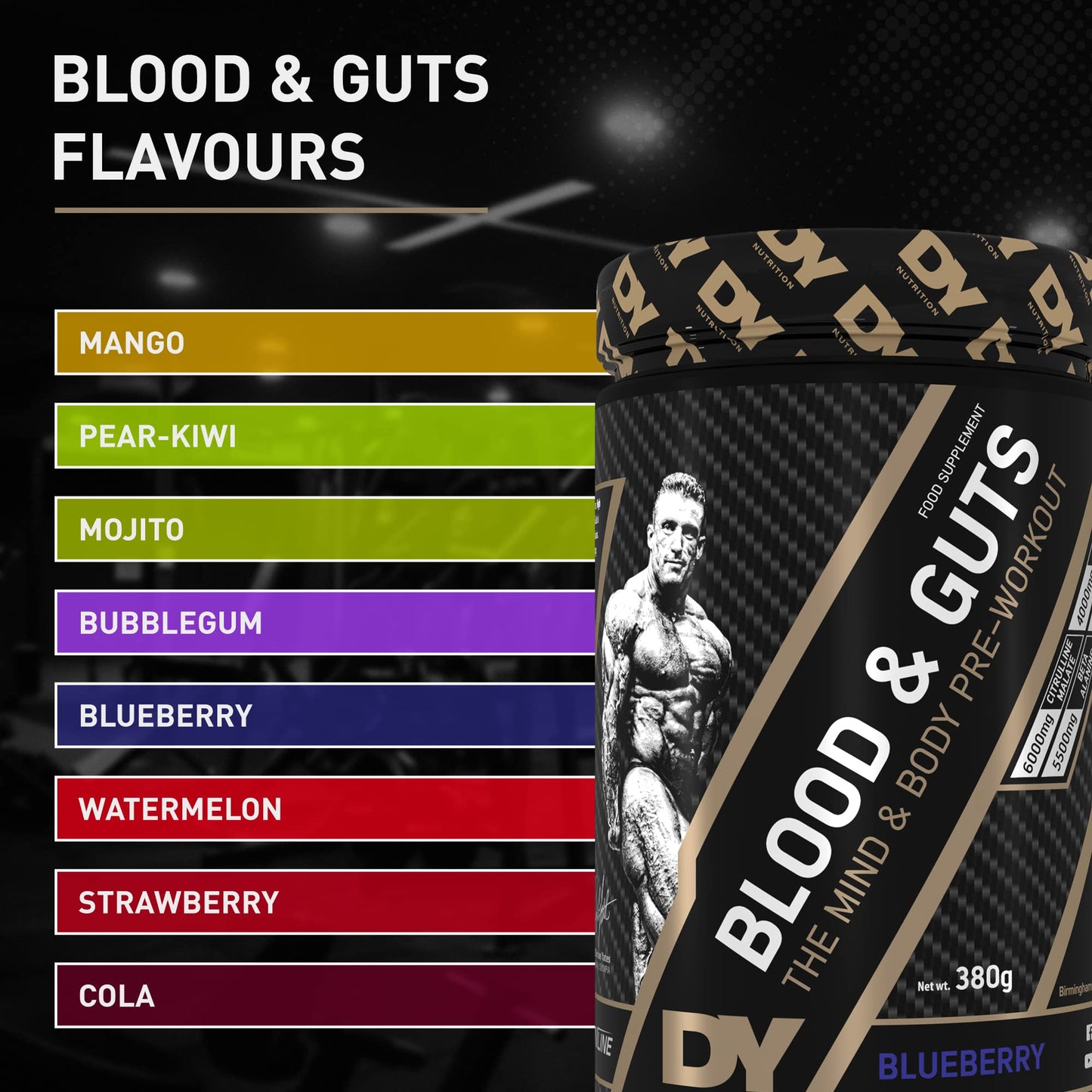 DY Nutrition - Blood & Guts Pre Workout Powder, 380g (Blueberry) - High Strength Preworkout with 350mg Caffeine, Citrulline Malate, Beta Alanine, Arginine AKG, L-Tyrosine, Vitamin B3 for Men & Women