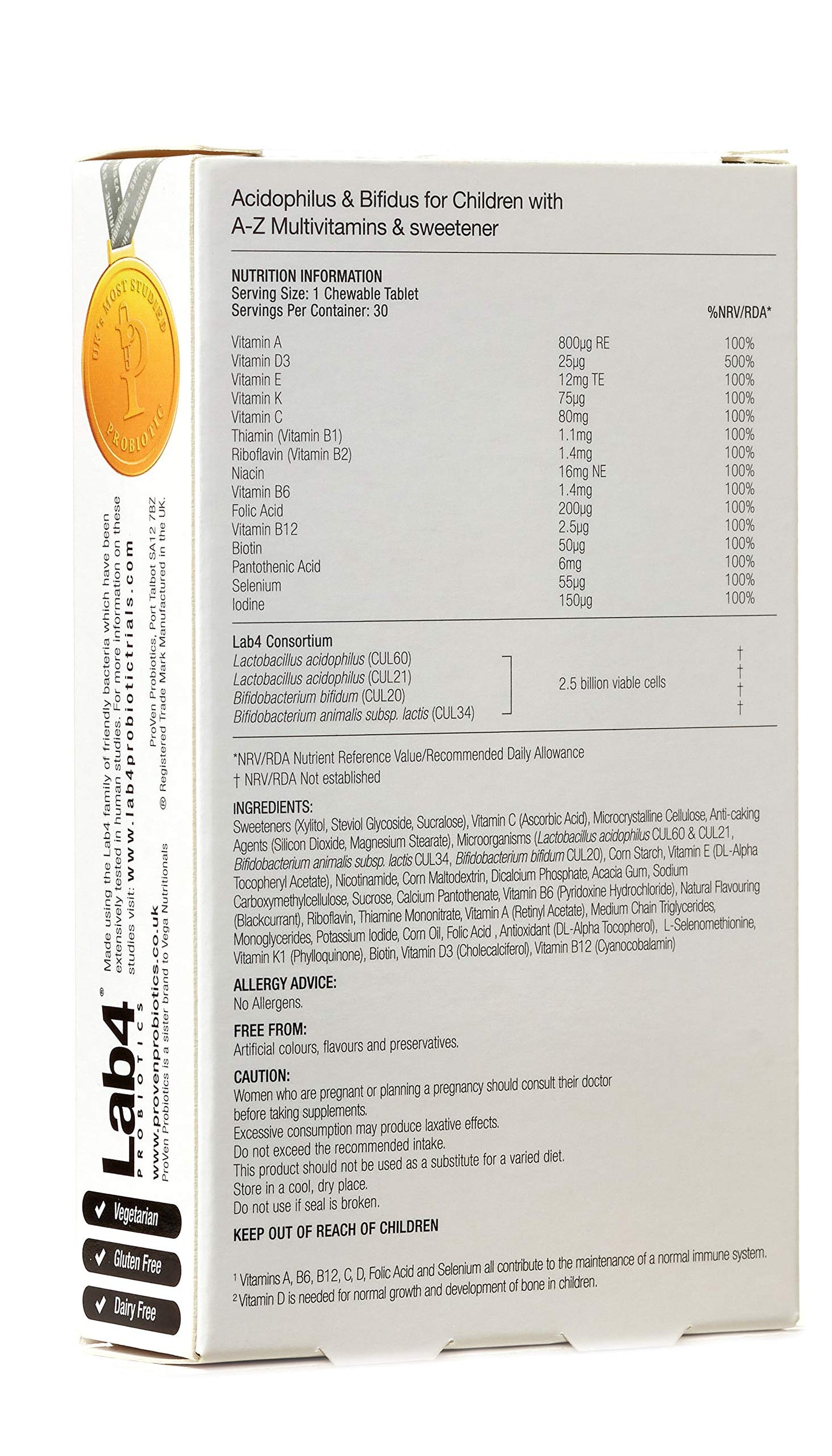 Proven Probiotics Lactobacillus and Bifidus with A-Z Multivitamins Child Tablets - Pack of 30