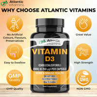 Vitamin D3 2000iu Softgel Capsules - High Strength Vitamin D for Immune Support - Healthy Bones and Teeth - Muscle Function - Easy to Swallow Cholecalciferol VIT D3 - Atlantic Vitamins - UK Made