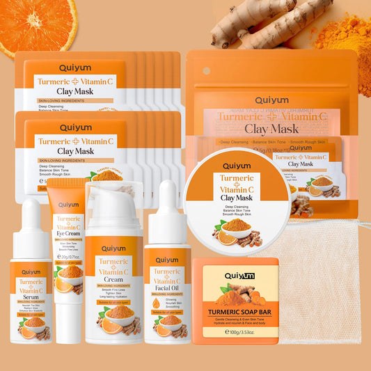 Quiyum Turmeric Vitamin C Skincare Set, Radiance, Hydrating Face & Body Care Kit, Serum,Eye Cream, Cream,Facial Oil,Handmade Soap & Clay Mask, Pamper Gift Set for Women Teenage Girls Mom Birthday