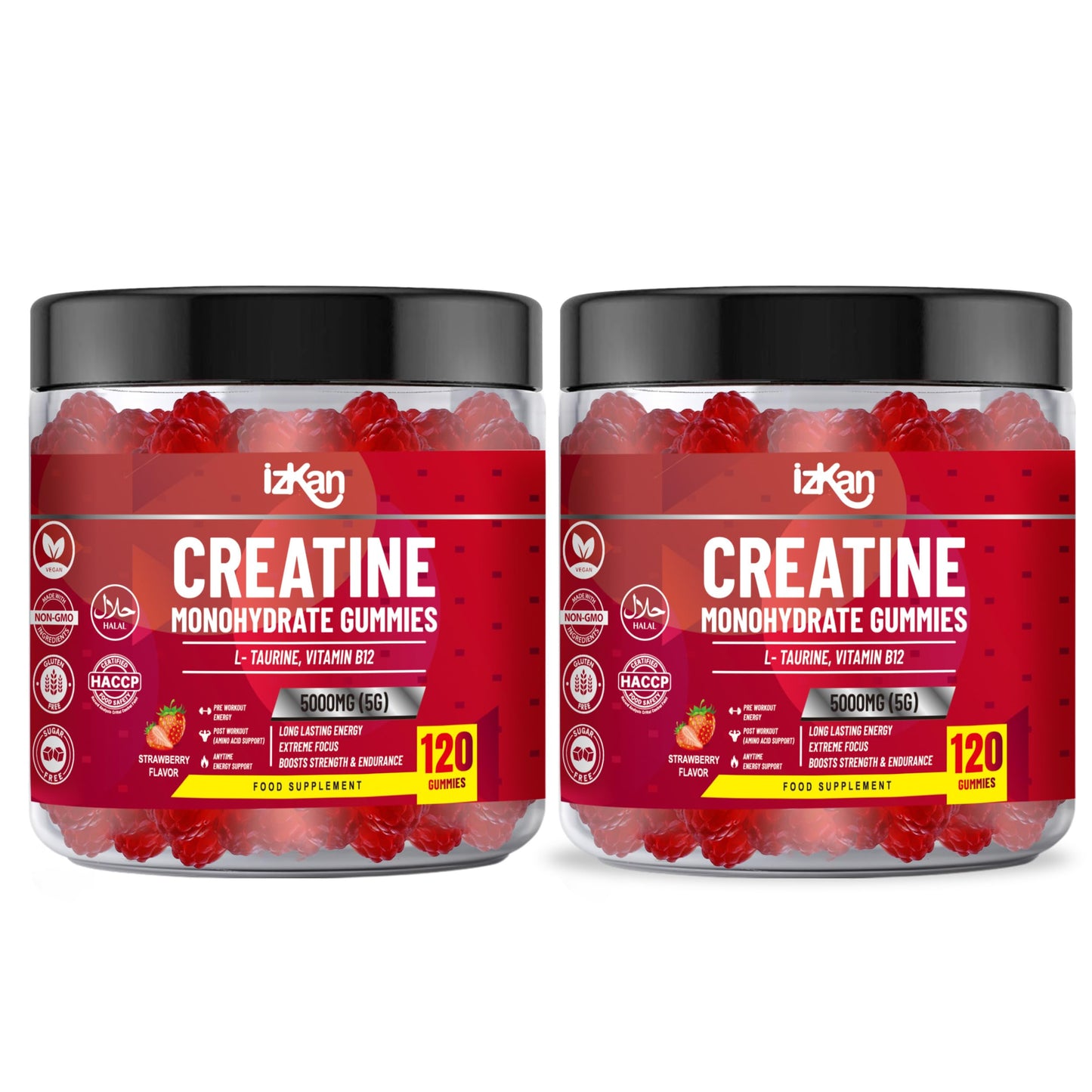 Izkan Creatine Gummies 5000mg (5G) for Men & Women - 120 Chewable Creatine Monohydrate Gummies Strawberry Flavoured | Pre Workout Gym Supplement| Muscle Boost| 4 Per Day - Vegan & Halal (2X)