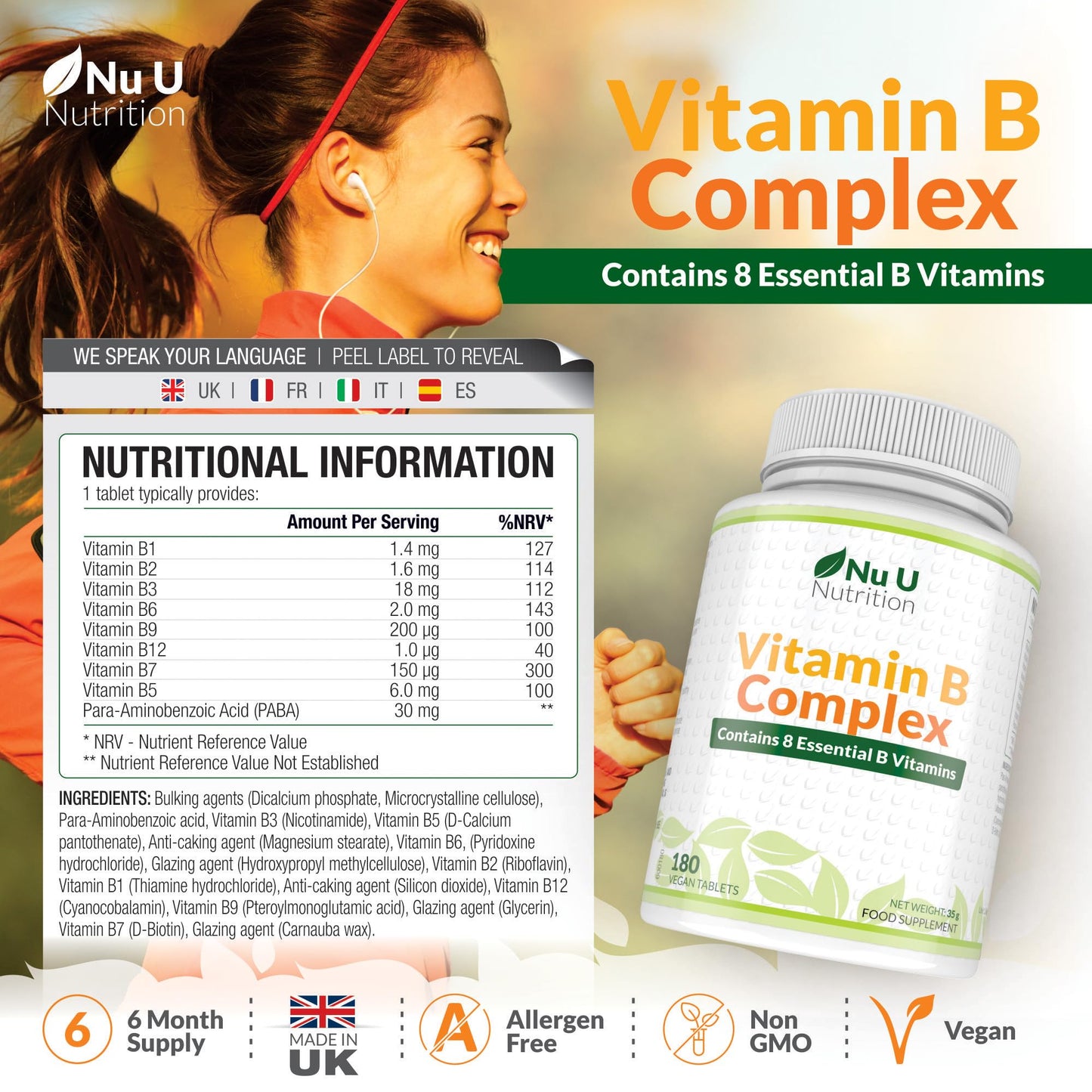 Vitamin B Complex High Strength - 180 Vegan Tablets - 6 Month Supply - Contains all 8 B Vitamins in 1 Tablet - Vitamins B1, B2, B3, B5, B6, B12, Biotin & Folic Acid - Nu U Nutrition