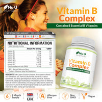 Vitamin B Complex High Strength - 180 Vegan Tablets - 6 Month Supply - Contains all 8 B Vitamins in 1 Tablet - Vitamins B1, B2, B3, B5, B6, B12, Biotin & Folic Acid - Nu U Nutrition