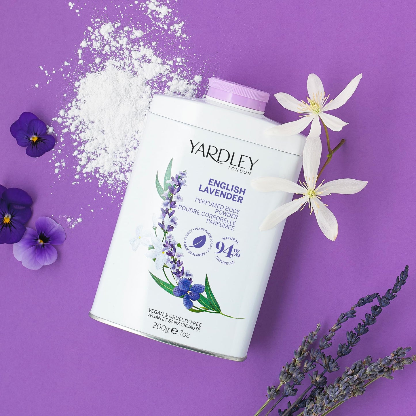 Yardley London English Lavender Perfumed Body Powder, Talcum Powder for Women to Help with Odour Control & Chafing, English Lavender Dusting Powder, Vegan & Cruelty Free, 200g