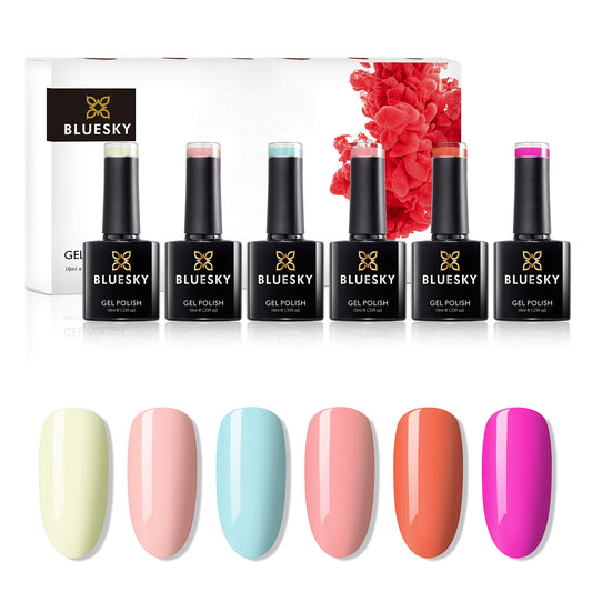 BLUESKY Bluesky Gel Nail Polish Set, Complete Summer Party Collection, 6 x 10ml, Pink, Green, Blue, Orange, Green, Peach (Requires Curing Under LED/UV Lamp)