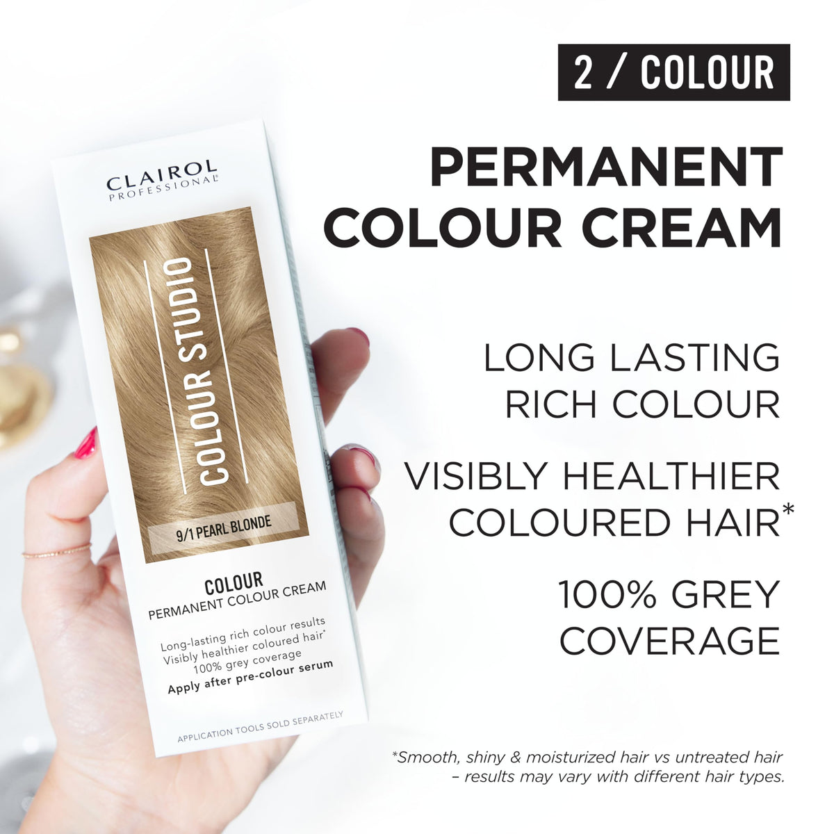 Clairol Colour Studio Permanent Colour Cream | Hair Dye | Long-lasting Rich Tones | 100% Grey Coverage | Dermatologically Tested Vegan Formula | Hair Colouring Kit | Pearl Blonde 9/1 | 50ML
