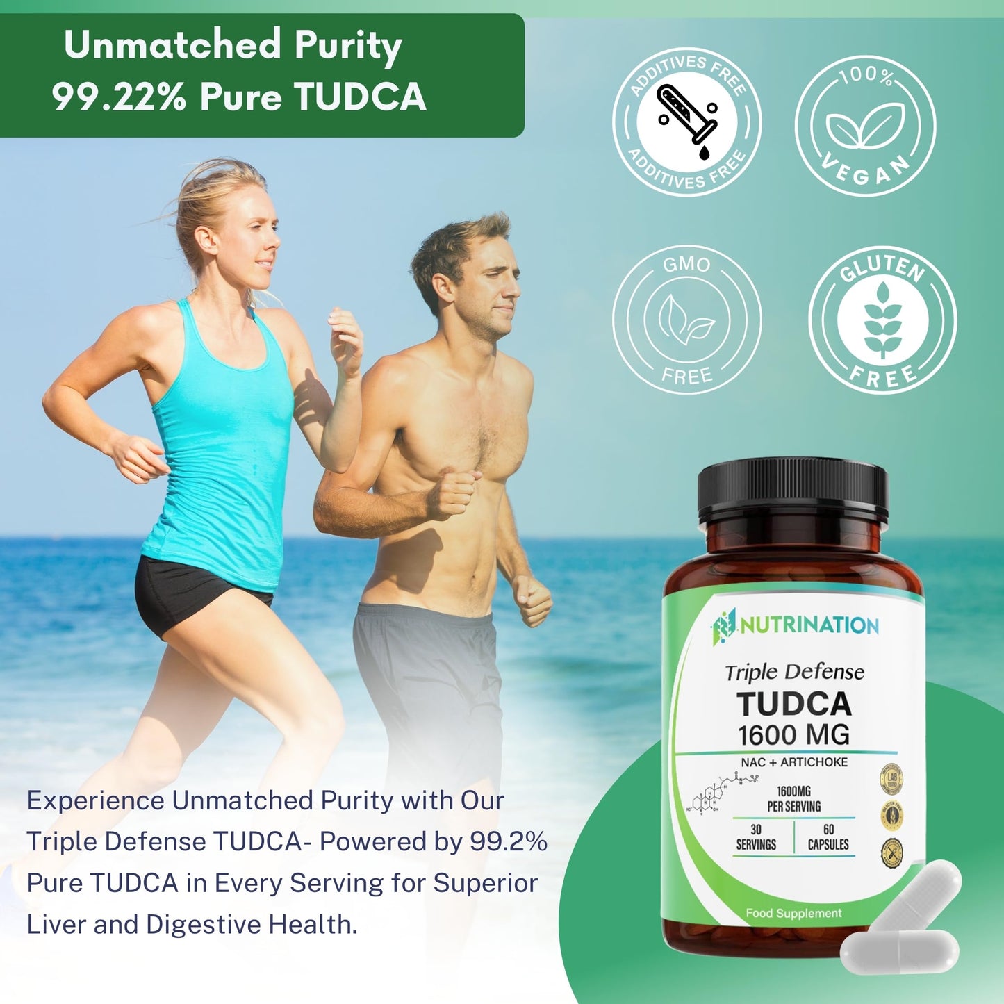 NUTRINATION Tudca Supplement 1600mg | 99.2% Pure 1400mg TUDCA, 100mg Artichoke Extract & 100mg NAC | 60 High Potency Capsules | Tauroursodeoxycholic Acid - Bile Salt for Liver Support & Digestion | Lab Tested