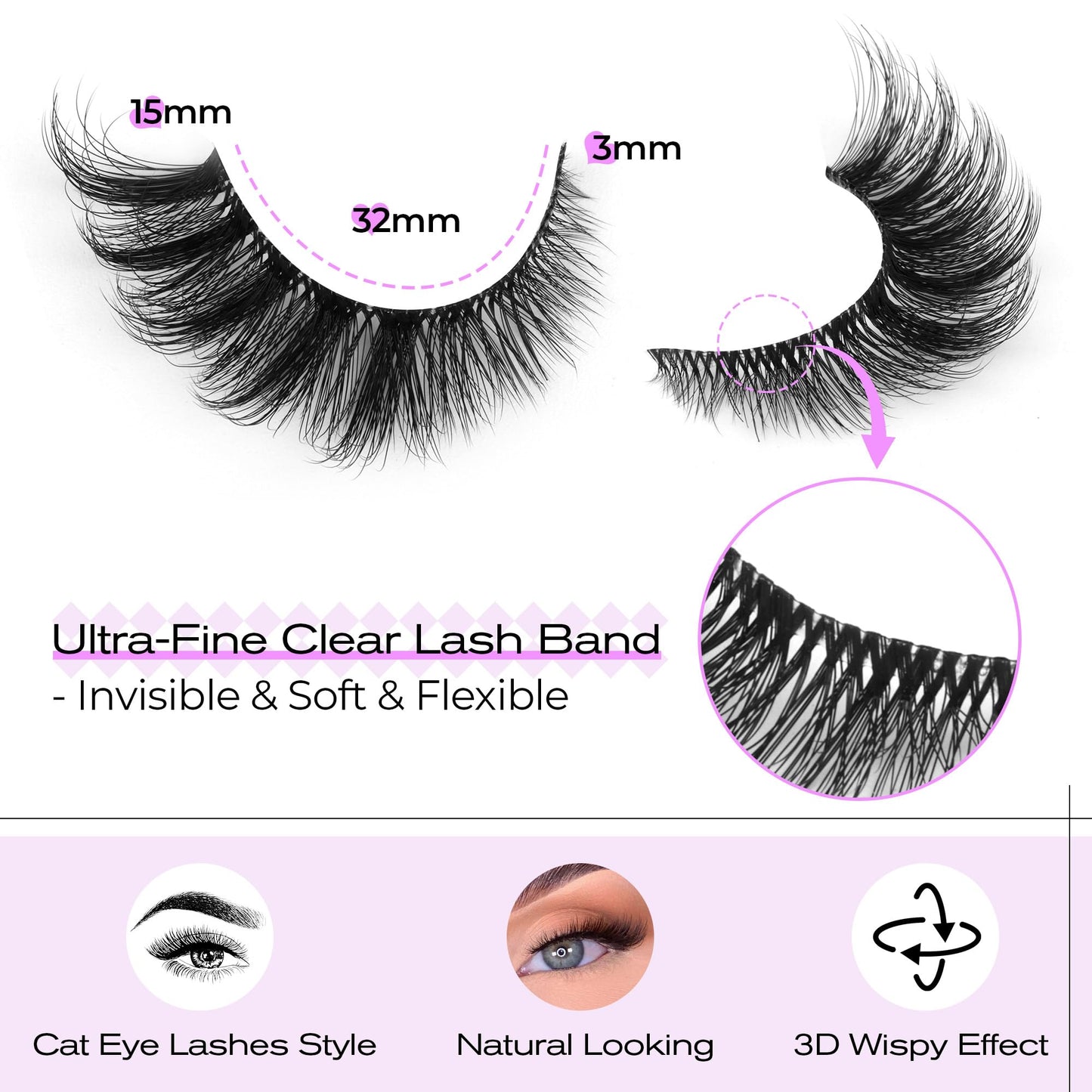 GVEFETIEE Natural Cat Eye False Lashes - Wispy 3D Strip Lashes