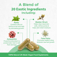 STRENGTH & SPICES100% Natural Vegan Food Supplements Strength & Spices Hair, Skin & Nails 100% Natural Supplement – 20 Ingredients w Biotin Selenium & Zinc - 60 Vegan UK Made 1000mg Capsules – Hair & Nails Growth, Collagen Formation